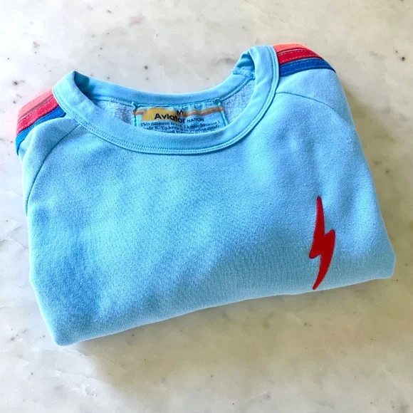 Aviator Nation Lightning Bolt Neon Rainbow Stripe Crop Sweatshirt in Blue - Picture 12 of 14